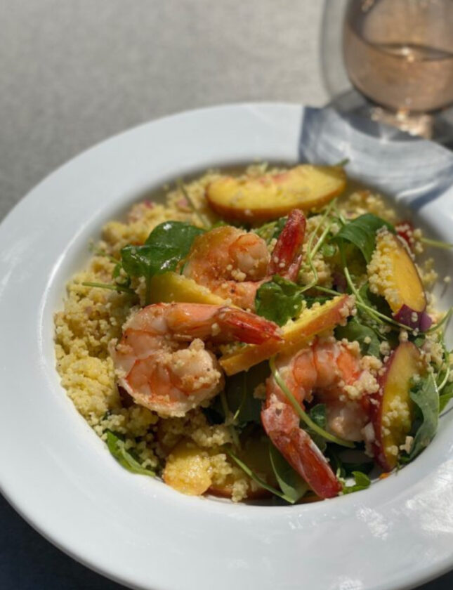 Chef Ming’s Grilled Garlic Shrimp with Couscous and Watercress Peach Salad