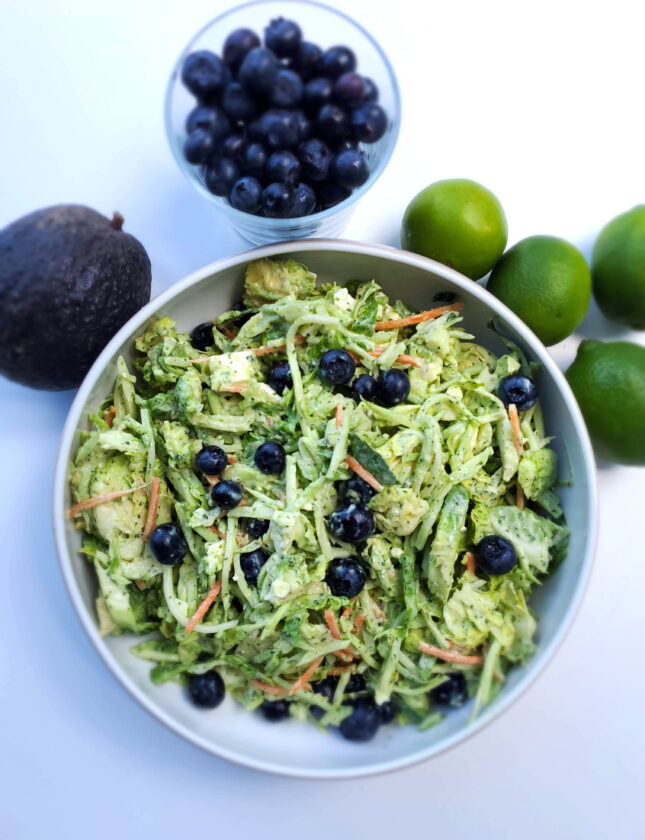 Shredded Brussel Sprout Salad with Feta and Blueberries